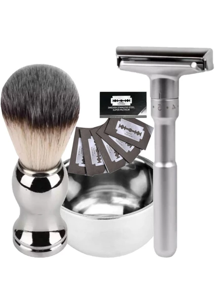 Shave Q7 Full Metal Manuel Tıraş Makinesi + F10 Fırça + Kase + 5 Adet Platinum Jilet