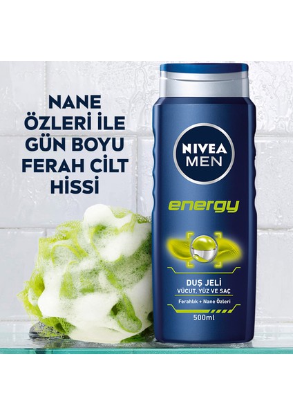 NIVEA Men Energy Duş Jeli 500ml; 3'ü 1 Arada Komple Bakım; Vücut; Saç ve Yüz için; Nane Özleri ile 24 Saat Ferah Cilt Hissi