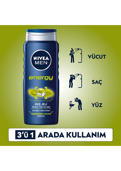 NIVEA Men Energy Duş Jeli 500ml; 3'ü 1 Arada Komple Bakım; Vücut; Saç ve Yüz için; Nane Özleri ile 24 Saat Ferah Cilt Hissi