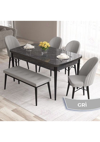 Concept Roz Serisi 80X132 Mdf Açılabilir Siyah Mermer Desen Mutfak Masası Takımı 4 Sandalye 1 Bench