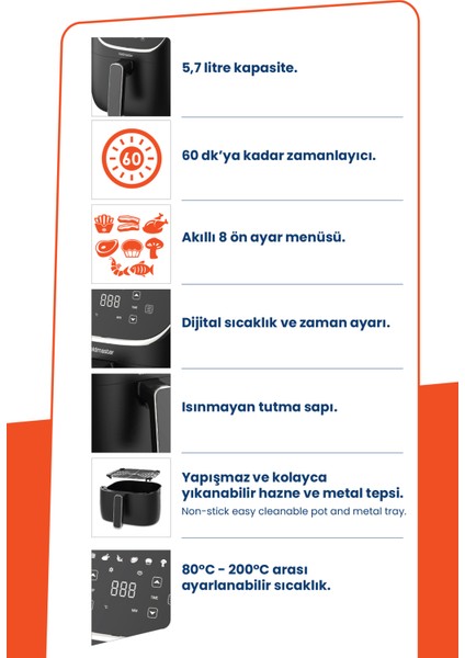 Blackfry 1700 Watt Dijital Dokunmatik 8 Ön Programlı 5.7 Litre Airfryer Yağsız Kızartma Sıcak Hava Fritöz