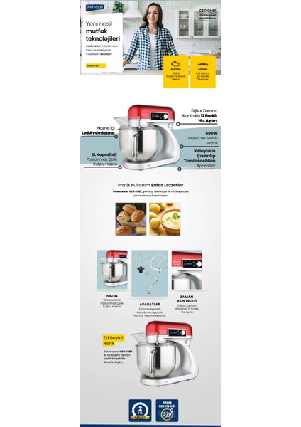 Ceo Chef Dokunmatik Ekran 6 Litre 12 Kademe Darbeli Hız Ayarlı Çırpma Karıştırma Yoğurma Stand Mikser Mutfak Şefi