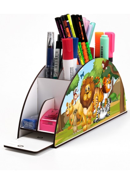 Ahşap Vip Aslan ve Ekibi Ormanda Gökkuşağı Cetvelli Masaüstü Kalemlik Çocuklar Için NOTPAVIP14