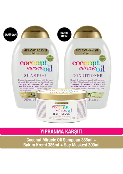 Yıpranma Karşıtı Coconut Miracle Oil Sülfatsız Şampuan + Sülfatsız Saç Kremi + Saç Maskesi