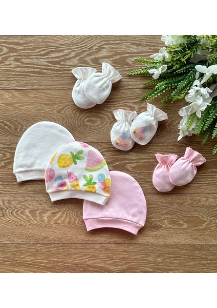 Penye 3'lü Şapka 3'lü Eldiven Bebek Takım Cupcake