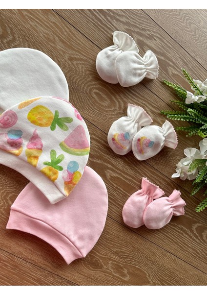 Penye 3'lü Şapka 3'lü Eldiven Bebek Takım Cupcake