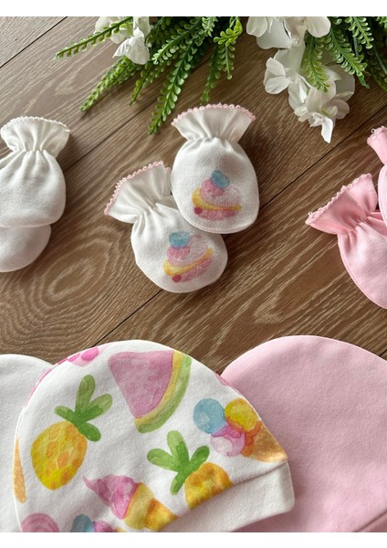 Penye 3'lü Şapka 3'lü Eldiven Bebek Takım Cupcake