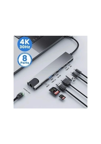 Macbook Pro Air Uyumlu USB Type-C 8 Hub Dönüştürücü Çevirici Çoklayıcı USB Hdmı Micro Sd 8 Girişli