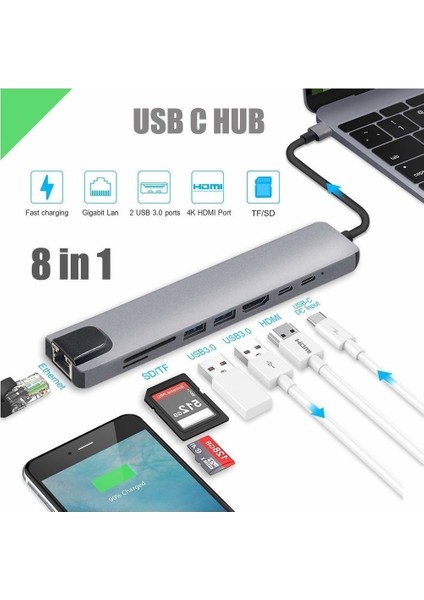 Macbook Pro Air Uyumlu USB Type-C 8 Hub Dönüştürücü Çevirici Çoklayıcı USB Hdmı Micro Sd 8 Girişli