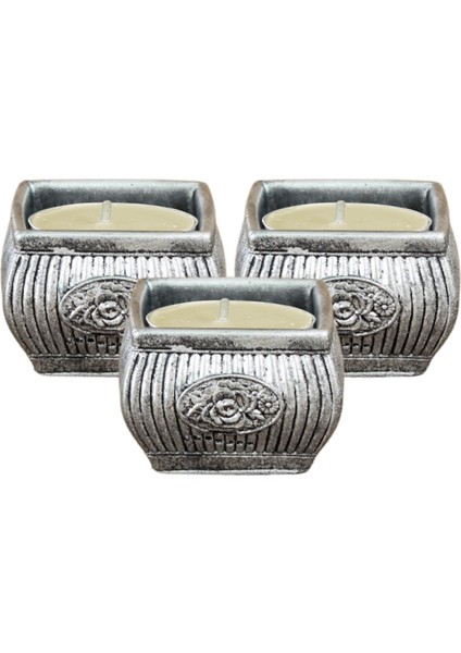 Mumluk Şamdan 3 Adet Tealight Uyumlu Üçlü Mini Çizgili Çiçekli Model