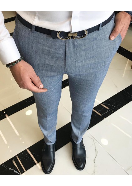 italyan kesim slim fit balıksırtı desen erkek pantolon mavi T9460