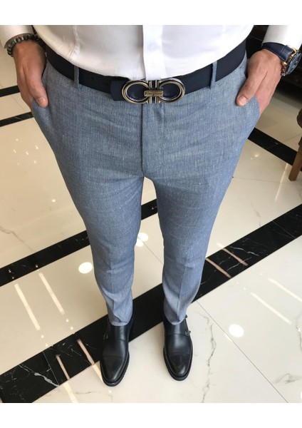 italyan kesim slim fit balıksırtı desen erkek pantolon mavi T9460