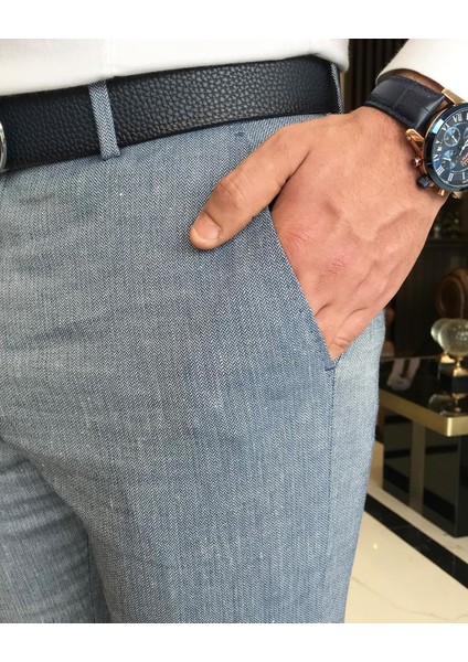 italyan kesim slim fit balıksırtı desen erkek pantolon mavi T9460 modelleri