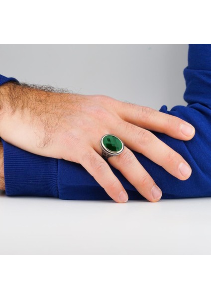 Yeşil Oval Zirkon Taşlı 925 Ayar Gümüş Erkek Yüzük fiyatları