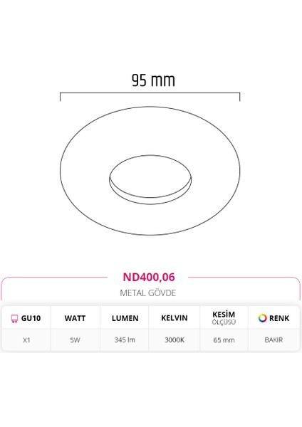 Sıva Altı Led Spot Bakır 5W 3000K Gün ışığı ND400