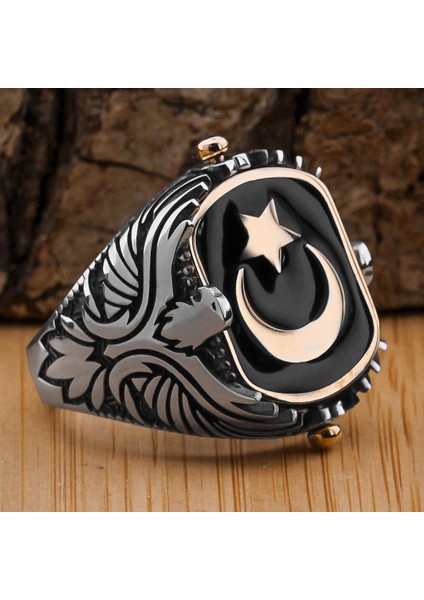 Ay Yıldız ve Siyah Oniks Taşlı Kartal Motifli Çift Taraflı 925 Ayar Gümüş Yüzük