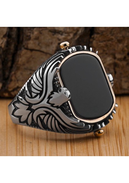 Ay Yıldız ve Siyah Oniks Taşlı Kartal Motifli Çift Taraflı 925 Ayar Gümüş Yüzük modelleri