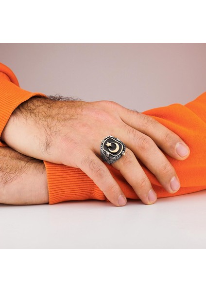 Ay Yıldız ve Siyah Oniks Taşlı Kartal Motifli Çift Taraflı 925 Ayar Gümüş Yüzük fırsatları