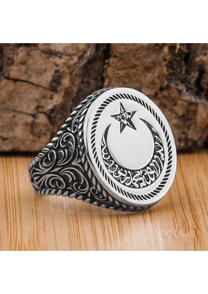 Kelimei Tevhid Yazılı Ay Yıldız Tasarımlı 925 Ayar Gümüş Yüzük