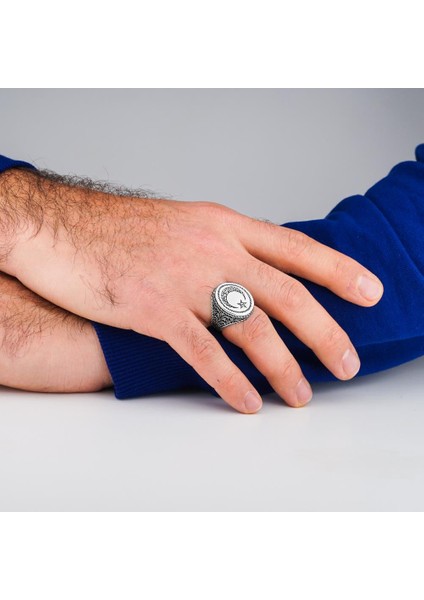 Kelimei Tevhid Yazılı Ay Yıldız Tasarımlı 925 Ayar Gümüş Yüzük fiyatları