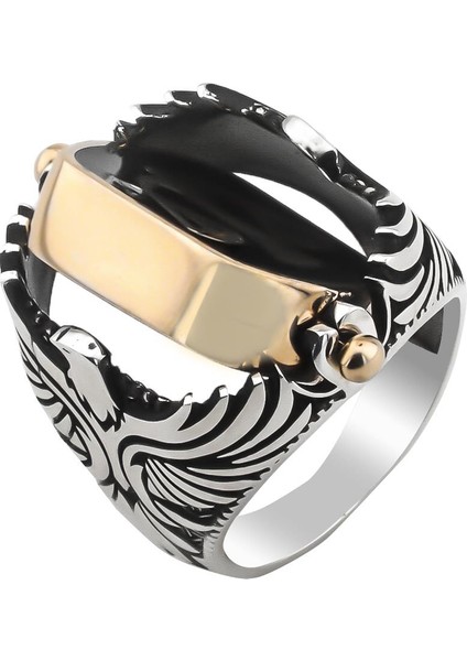 Adalet Terazili ve Siyah Oniks Taşlı Kartal Motifli Çift Taraflı 925 Ayar Gümüş Yüzük fiyatları