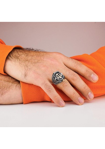 Adalet Terazili ve Siyah Oniks Taşlı Kartal Motifli Çift Taraflı 925 Ayar Gümüş Yüzük indirimleri