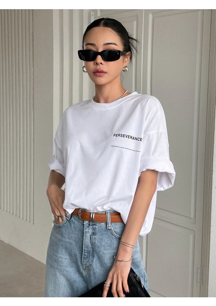 Kadın Perseverance Baskılı Oversize Tişört indirimleri