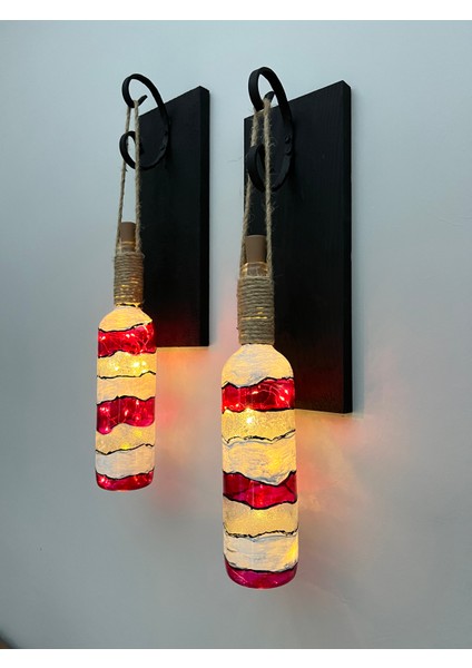 LED Işıklı Ahşap Kırmızı Renkli Vitray Cam Salon Bar Bahçe Dekoru Şarap Şişesi Duvar Aplik 2'li Set
