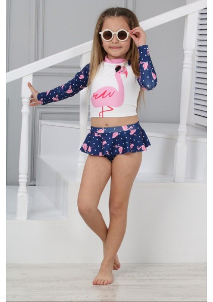 Trend Flamingo Desenli Güneş Koruma Uzun Kol Crop Üst Mini Etek Bikini Altı Fırfırlı Bikini Takımı