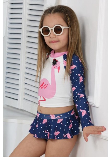 Trend Flamingo Desenli Güneş Koruma Uzun Kol Crop Üst Mini Etek Bikini Altı Fırfırlı Bikini Takımı fiyatları