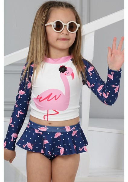 Trend Flamingo Desenli Güneş Koruma Uzun Kol Crop Üst Mini Etek Bikini Altı Fırfırlı Bikini Takımı modelleri