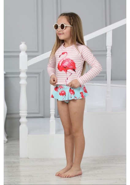 Trend Flamingo Desenli Güneş Korumalı Uzun Kol Crop Üst Mini Etek Bikini Altı Fırfırlı Bikini Takımı