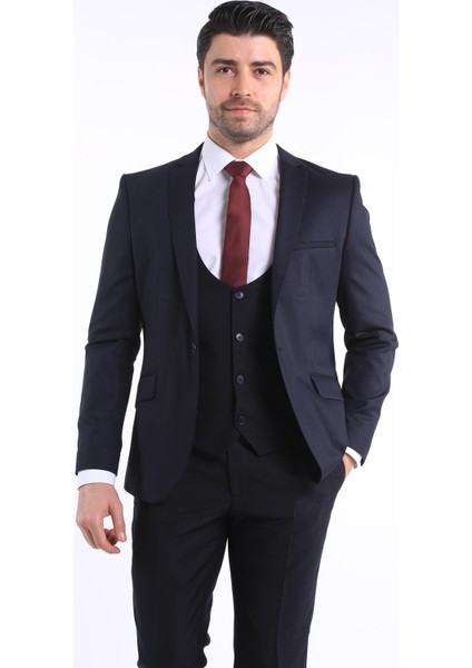 Intersivin Slim Fit 6 Drop Lacivert Yelekli Erkek Takım Elbise