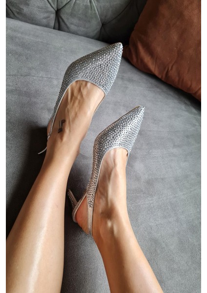 036 1313 Topukla Kadın Taşlı Alçak Topuklu Stiletto Abiye Ayakkabı