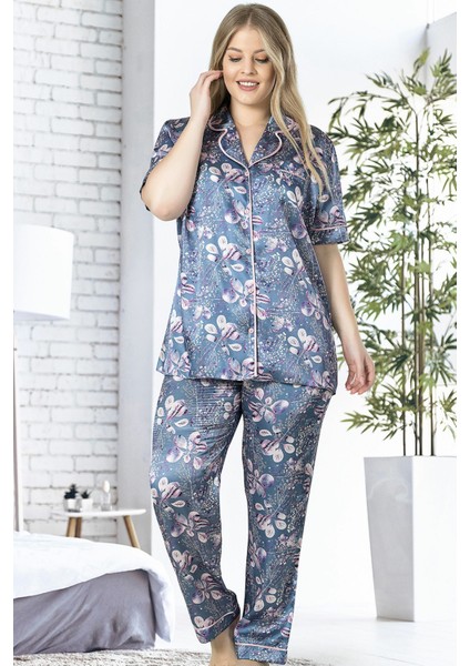 Satenkadın Kısa Kol Büyük Beden Komple Düğmeli Pijama Takım.