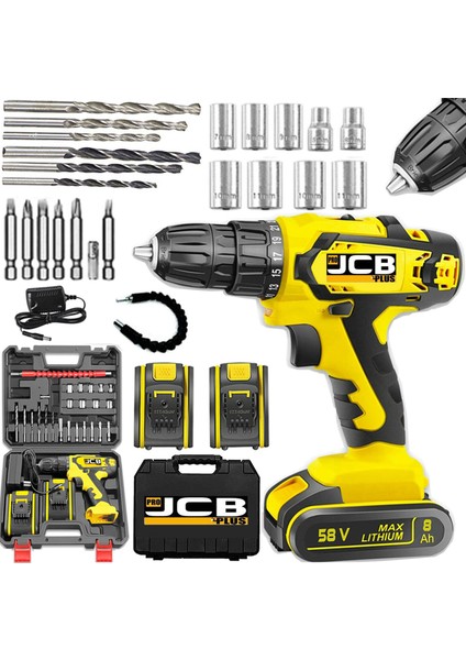 Projcb Plus Sjs Metal Şanzıman Jsr 58 V 8 Ah Çift Akülü Vidalama Matkap + 27 Pcs Set