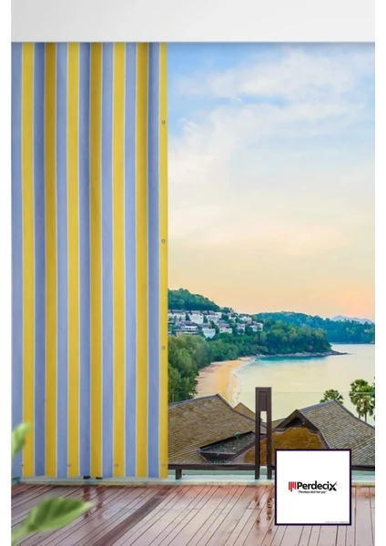 Yükseklik 200CM Balkon Perdesi Kornişli Bağcıklı Güneşlik Branda Balkon Perdesi Sarı&gri