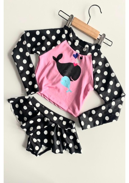 Trend Balina Desenli Güneş Korumalı Uzun Kol Crop Üst Mini Etek Bikini Altı Fırfırlı Bikini Takımı