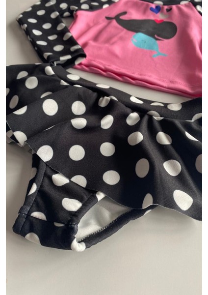 Trend Balina Desenli Güneş Korumalı Uzun Kol Crop Üst Mini Etek Bikini Altı Fırfırlı Bikini Takımı