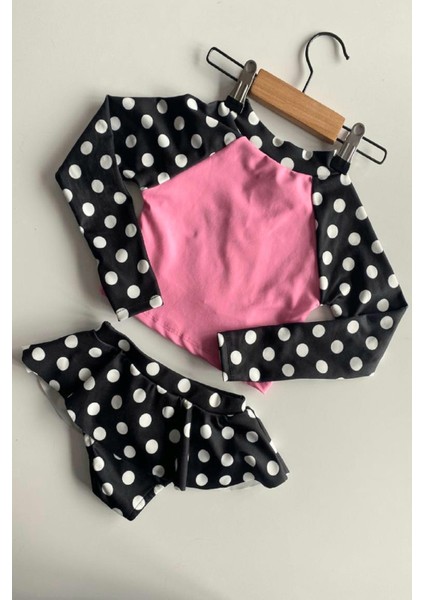 Trend Balina Desenli Güneş Korumalı Uzun Kol Crop Üst Mini Etek Bikini Altı Fırfırlı Bikini Takımı
