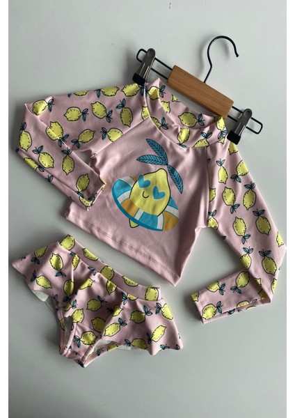 Trend Sevimli Limon Desenli Güneş Korumalı Uzun Kol Crop Üst Mini Etek Altı Fırfırlı Bikini Takımı