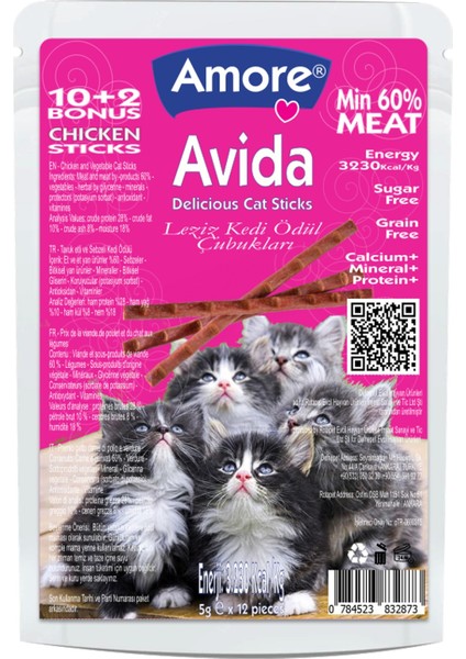 Avida Chicken Cat Sticks Tavuk ve Sebzeli Tahılsız Kedi Ödül Çubukları 10+2 Adet