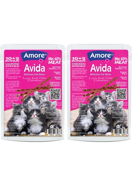Avida Salmone-12 ve Chicken-12 Cat Sticks Balıklı ve Tavuklu Tahılsız Kedi Ödül Çubukları