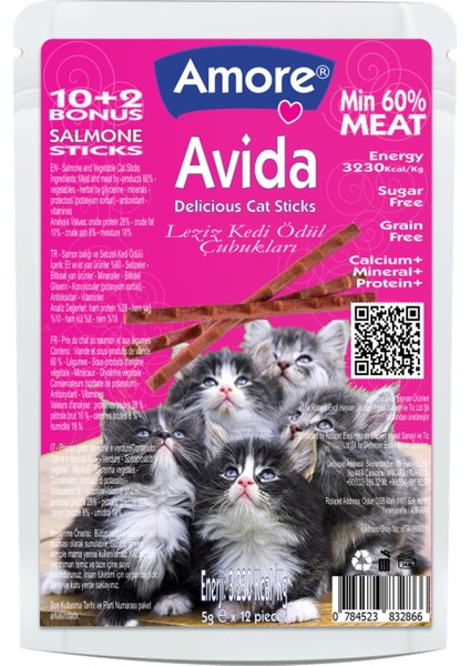 Avida Salmone-12 ve Chicken-12 Cat Sticks Balıklı ve Tavuklu Tahılsız Kedi Ödül Çubukları
