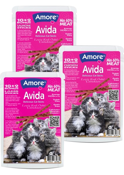 Avida Salmone-12, Chicken-12, Lamb-12 Cat Sticks Balıklı, Tavuklu, Kuzulu Kedi Ödülü