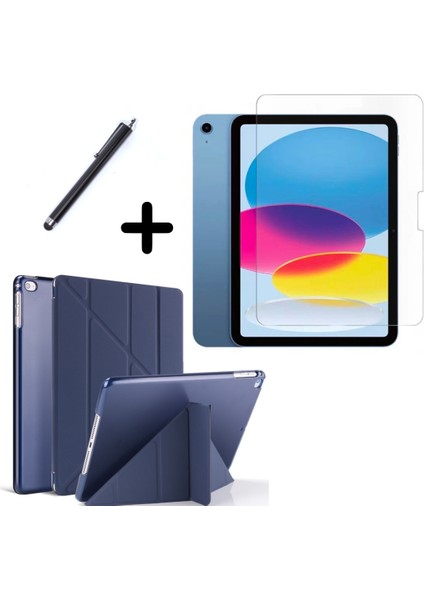 iPad 10.nesil 10.9" (A2696-A2757) Uyumlu Tri Fold Kalemlikli Tablet Kılıfı Ekran Koruyucu Kalem Seti