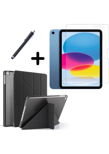 iPad 10.nesil 10.9" (A2696-A2757) Uyumlu Tri Fold Kalemlikli Tablet Kılıfı Ekran Koruyucu Kalem Seti