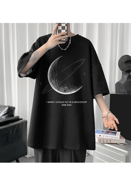 Crescent Saturn Baskılı Siyah Oversize T-Shirt
