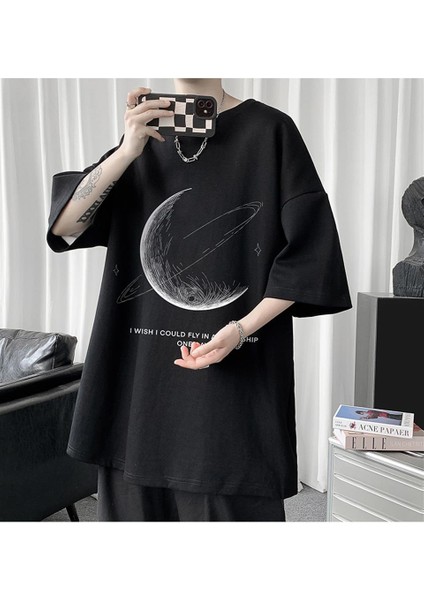 Crescent Saturn Baskılı Siyah Oversize T-Shirt fiyatları