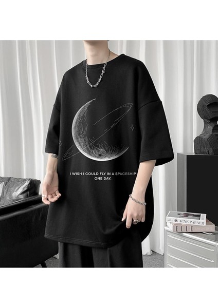 Crescent Saturn Baskılı Siyah Oversize T-Shirt modelleri